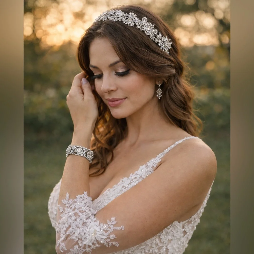 Vintage-Inspired Silver Rhinestone Headband & Cuff Bracelet Set-Bridal, Wedding